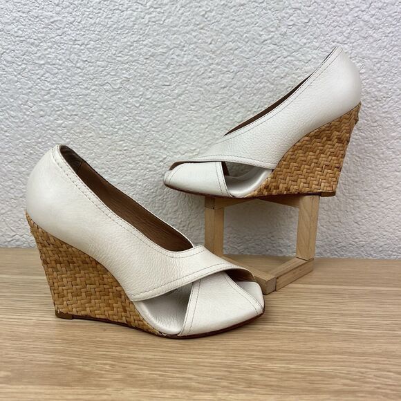 BCBG MaxAzria Raisa White Leather Wicker Wedge Sandal Women’s Sz 5.5B - Picture 5 of 8